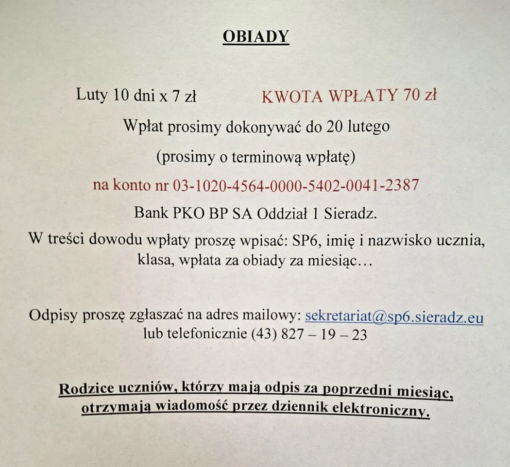 Informacje o obiadach