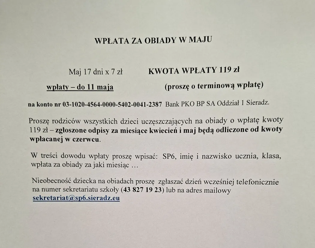 Wpłaty za obiady