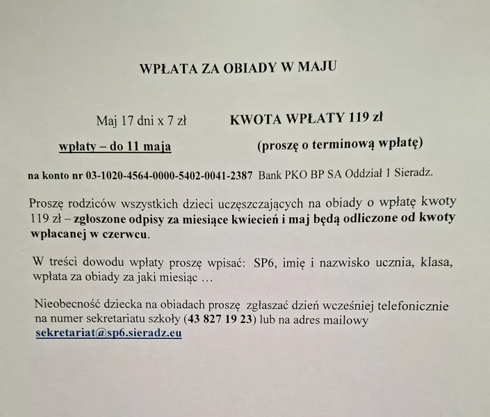 Wpłaty za obiady